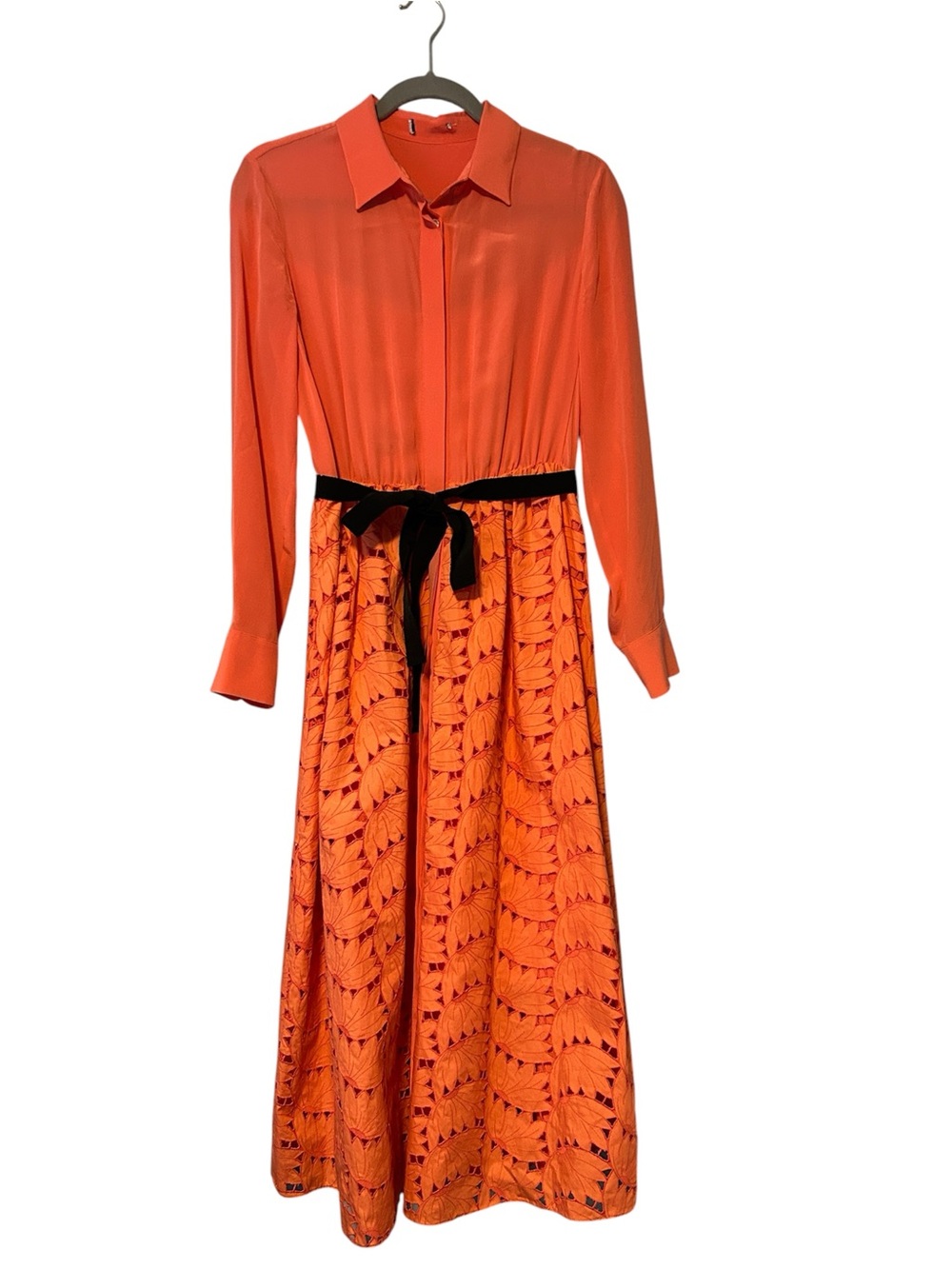 MaxMara Orange Long-Sleeve Shirt Dress with Black Waist Tie